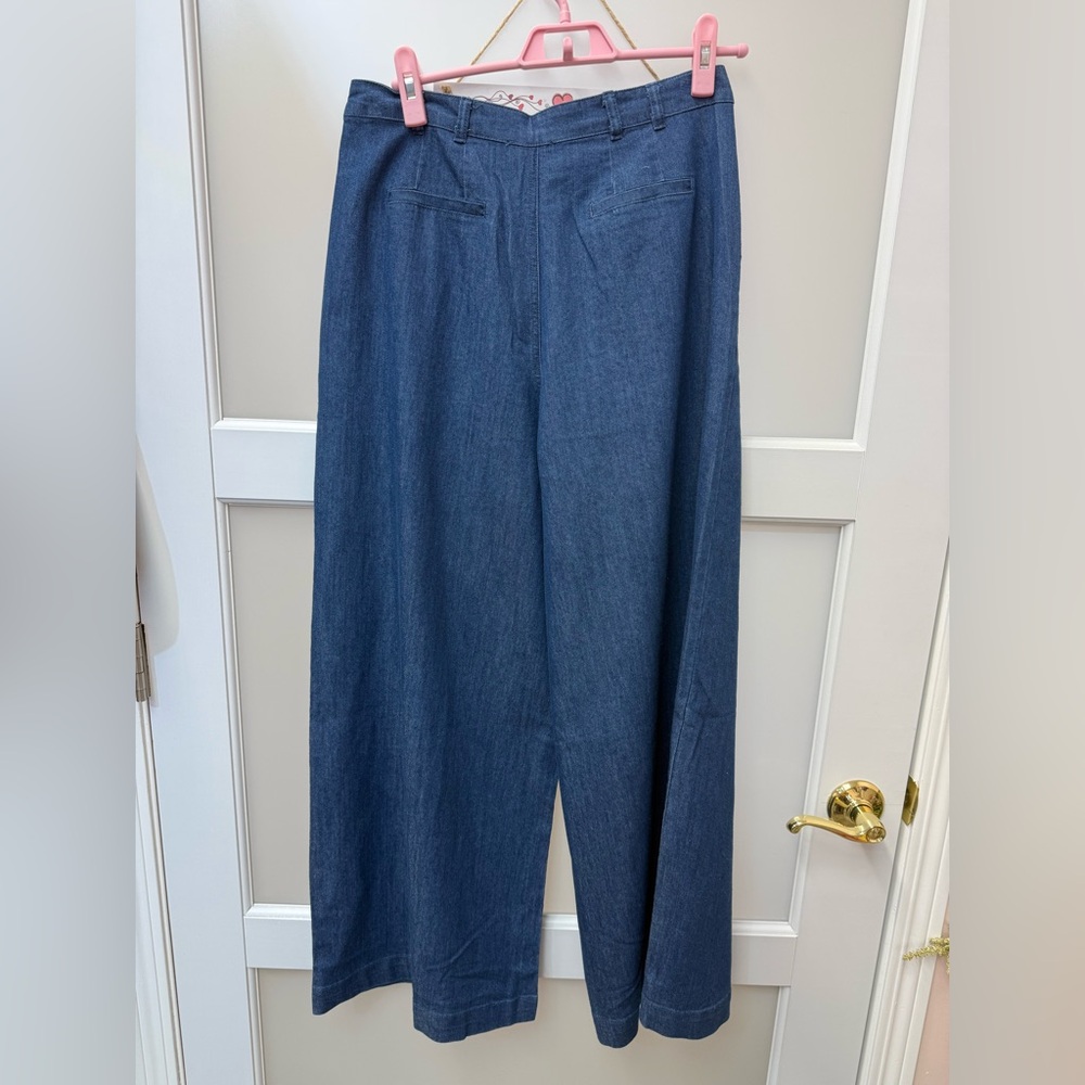 Pleated Wide Leg Chambray Pants – High Waist Lightweight Denim Pants - Picture 3 of 8